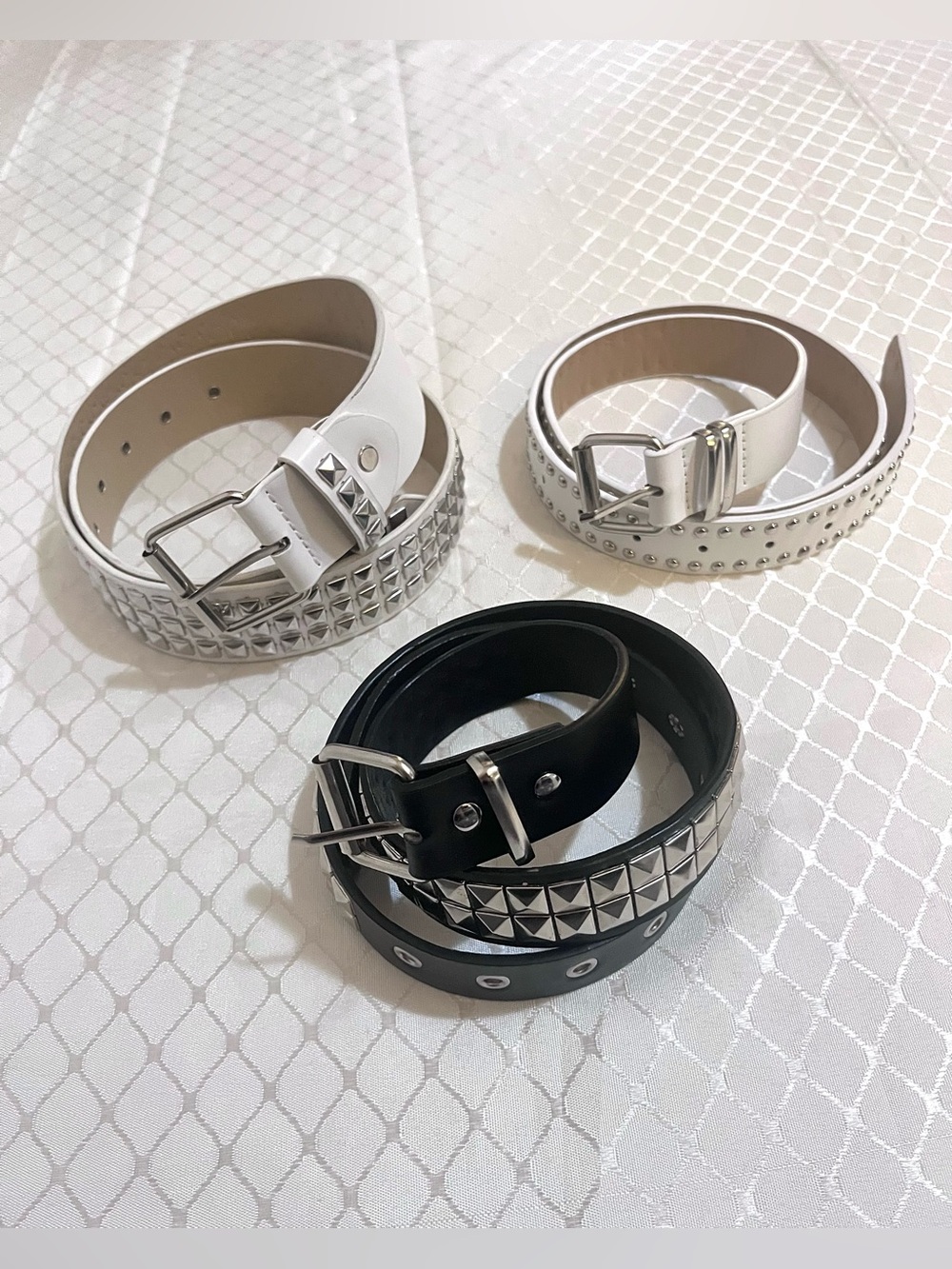Black & White Silver-Studded Buckle Belts Lot of 3 Bundle Vegan Leather Emo Punk